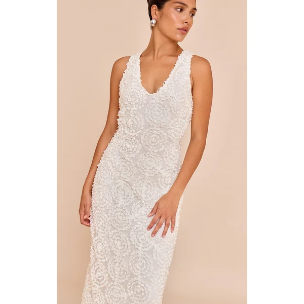 Petite Cream V Neck Embellished Flower Detail Maxi Dress