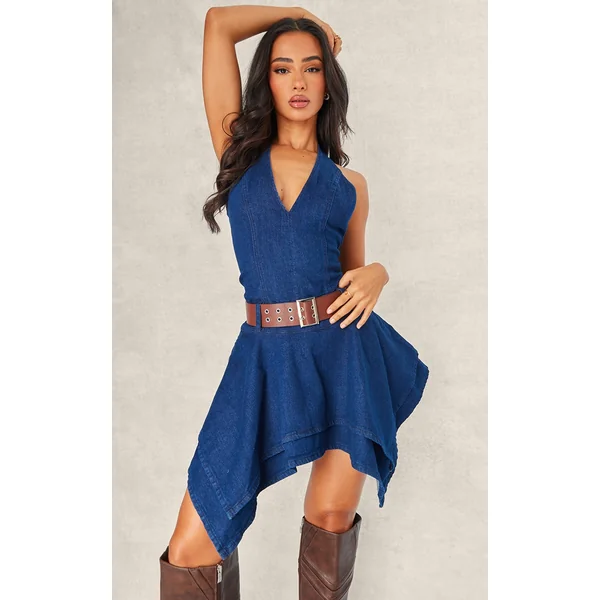 Petite Dark Blue Denim Halterneck Fitted Mini Dress