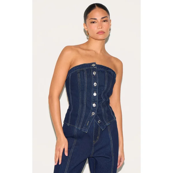 Petite Dark Indigo Contrast Seam Bandeau Corset