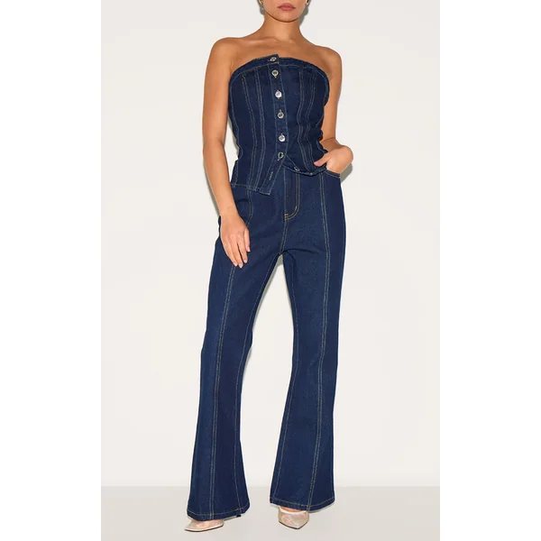 Petite Dark Indigo Contrast Seam Straight Leg Jeans