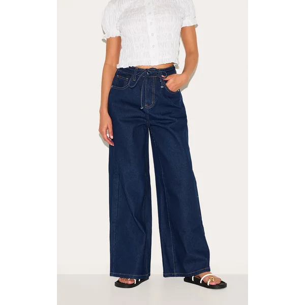 Petite Dark Indigo Wide Leg Jean With Adjustable Waist Tie