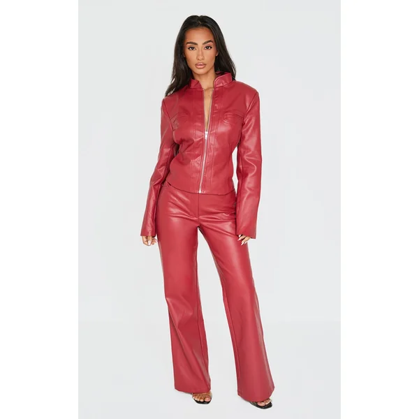 Petite Dark Red Faux Leather Flared Pants