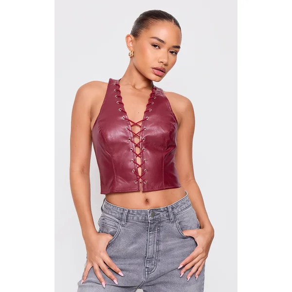 Petite Dark Red Faux Leather Lace Up Halterneck Top