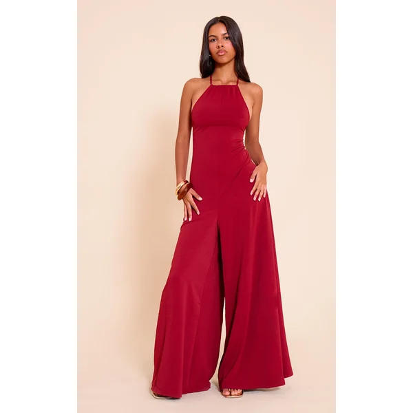 Petite Deep Red Floaty Woven Backless Extreme Wide Leg Jumpsuit