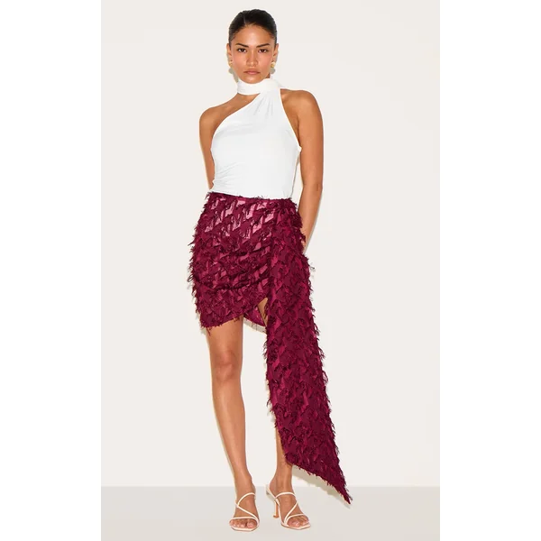 Petite Deep Red Textured Drape Side Mini Skirt