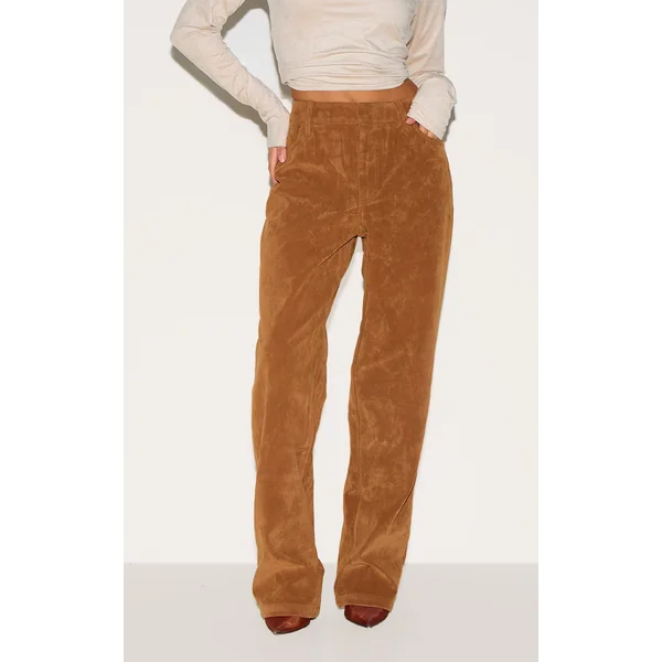 Petite Deep Tan Faux Suede Mid Rise Straight Leg Pants