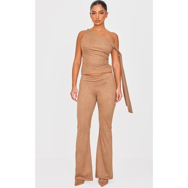 Petite Deep Taupe Faux Suede Low Rise Flare Pants