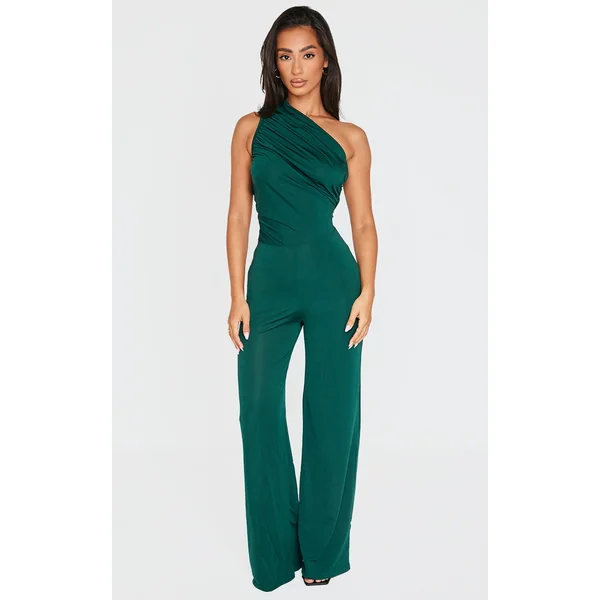 Petite Emerald Green One Shoulder Ruched Wide Leg Jumpsuit