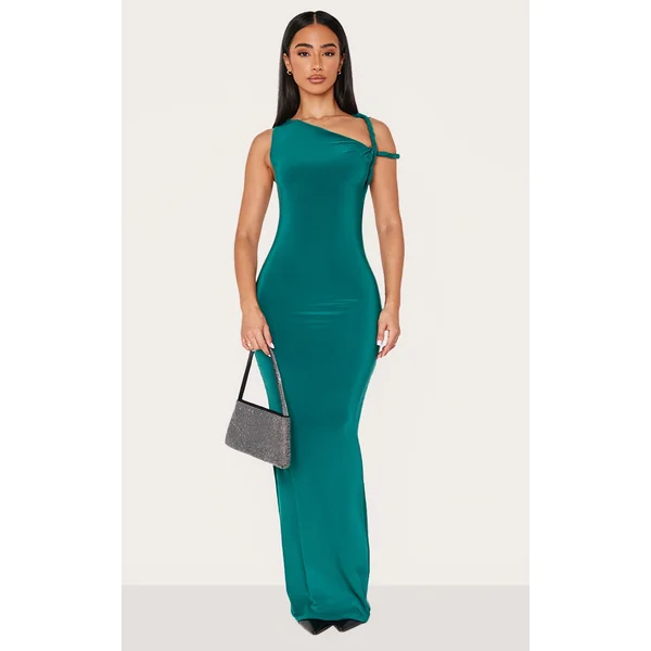 Petite Emerald Green Twist Shoulder Slinky Maxi Dress