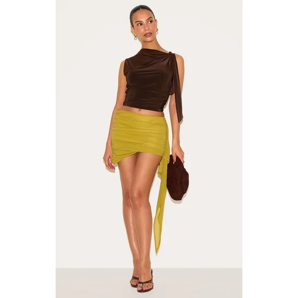 Petite Green Chiffon Drape Side Ruched Mini Skirt