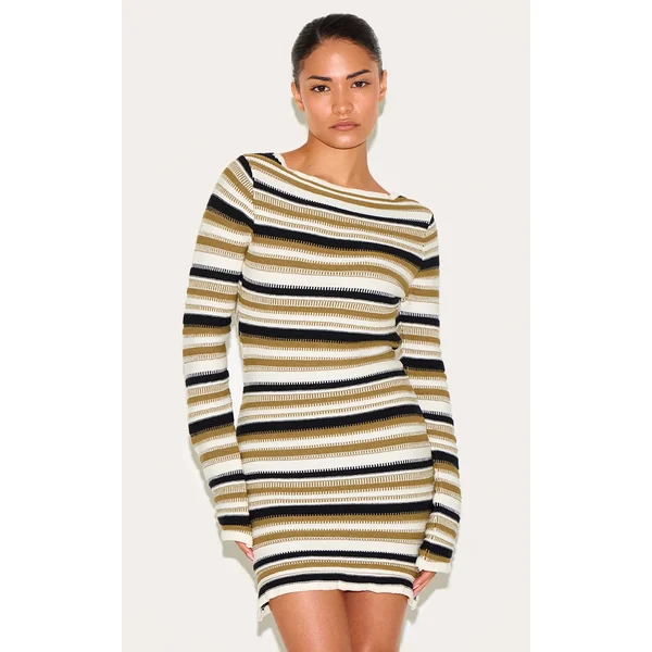 Petite Green Knitted Stripe Long Sleeve Mini Dress