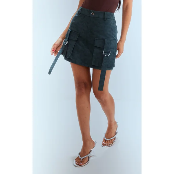 Petite Green Washed Faux Leather Pocket Cargo Mini Skirt