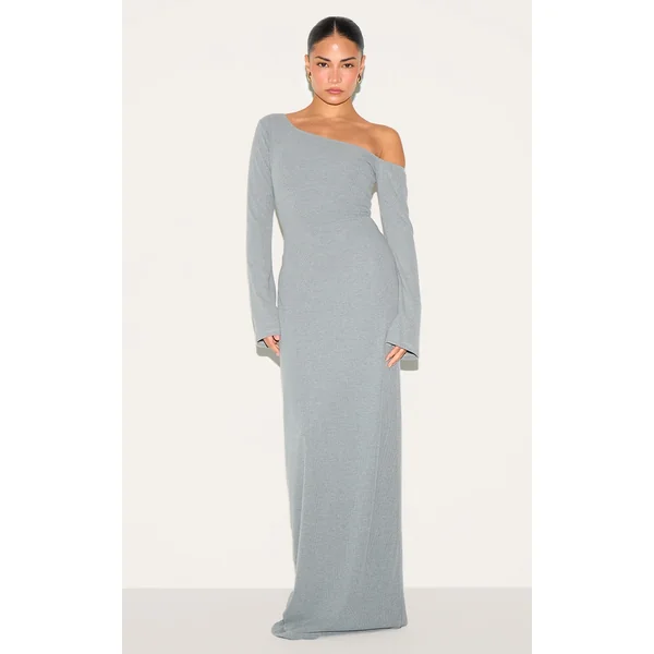 Petite Grey Asymmetric Ribbed Maxi Dress