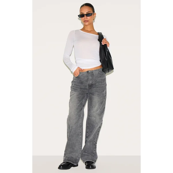 Petite Grey Denim Mid Rise Invisible Waistband Wide Leg Jeans