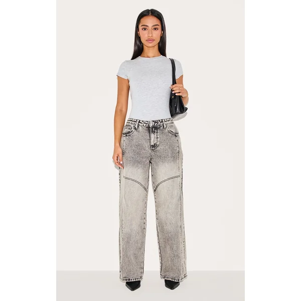 Petite Grey Denim Seam Detailed Wide Leg Jeans