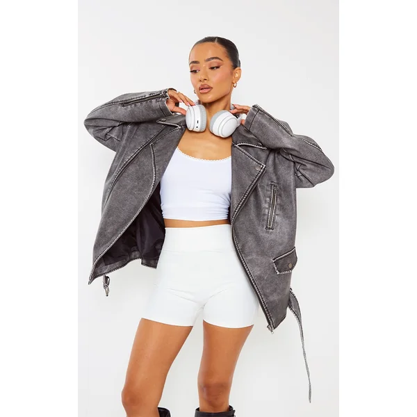 Petite Grey Distressed Look Faux Leather Longline Jacket