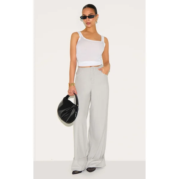 Petite Grey Invisible Waistband Wide Leg Turn Up Pants