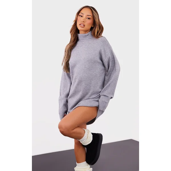 Petite Grey Knitted Slouchy Sweater Dress