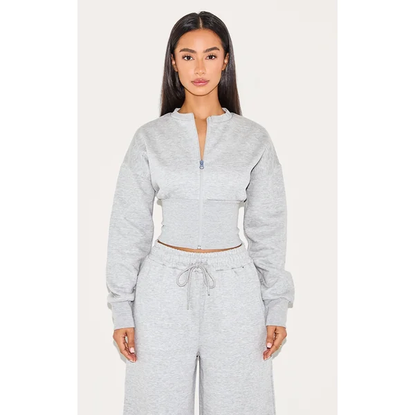 Petite Grey Marl Elasticated Hem Zip Up Sweatshirt
