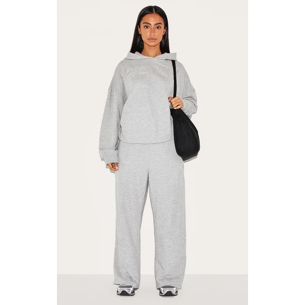 Petite Grey Marl Embossed Bow Detail Wide Leg Sweatpants