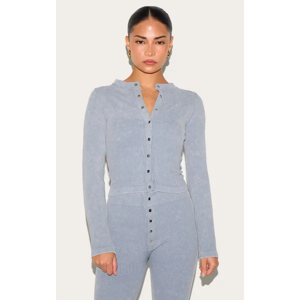 Petite Grey Marl Faded Snatched Rib Long Sleeve Button Up Top