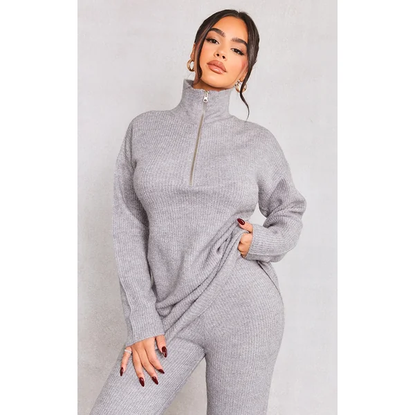 Petite Grey Marl Knit Oversized Half Zip Sweater