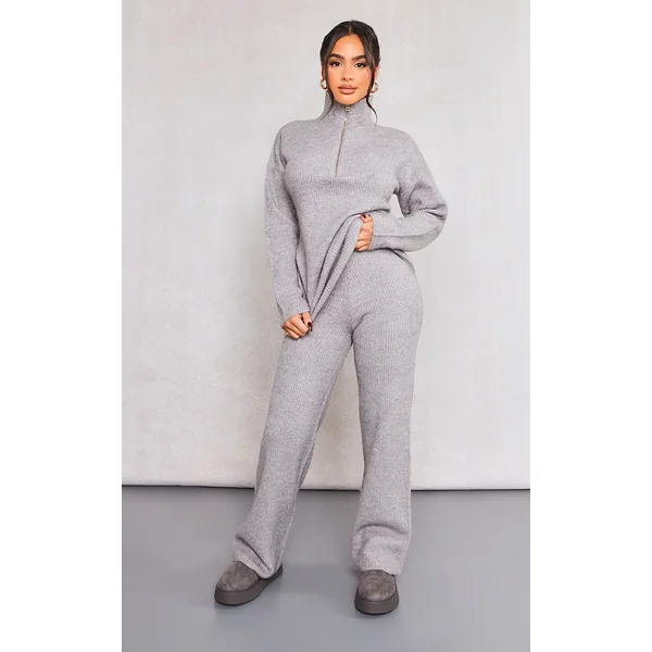 Petite Grey Marl Knit Wide Leg Pants