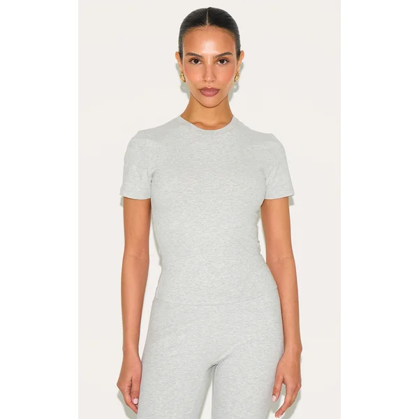 Petite Grey Marl Sculpt Longline Short Sleeve Gym Top