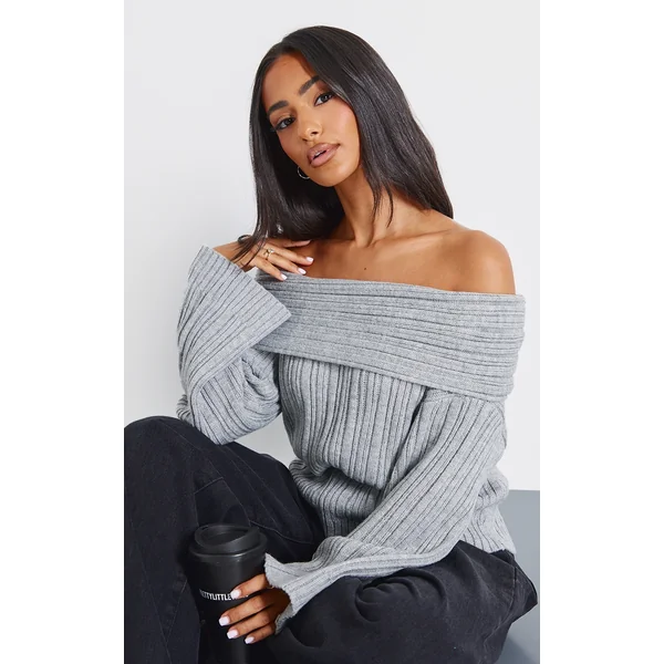 Petite Grey Off The Shoulder Knit Sweater