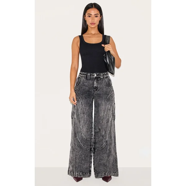 Petite Grey Panel Seam Detail Wide Leg Jeans