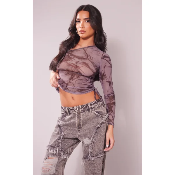 Petite Grey Printed Ruched One Shoulder Top