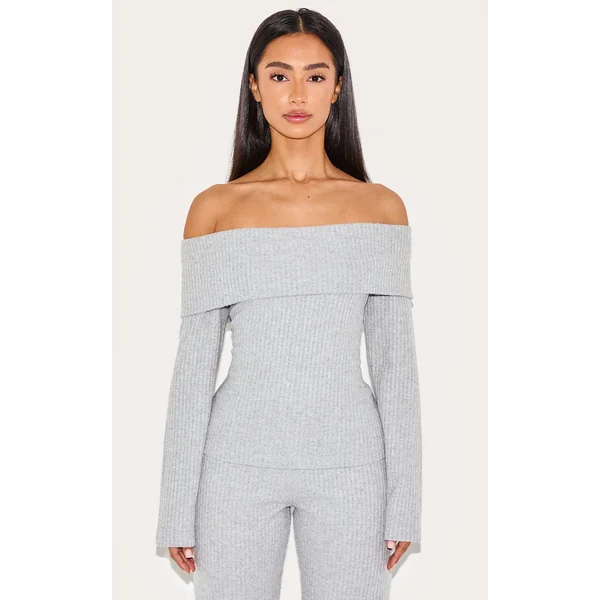 Petite Grey Ribbed Bardot Long Top