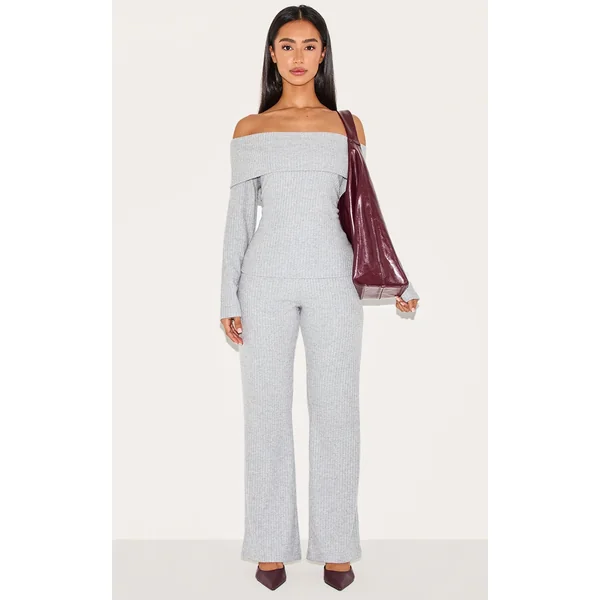 Petite Grey Ribbed Wide Leg Pants