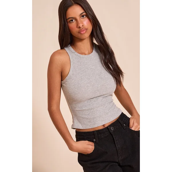 Petite Grey Soft Rib Racer Neck Vest Top