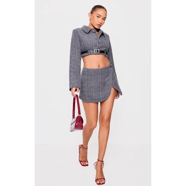 Petite Grey Textured Woven Wrap Over Mini Skirt