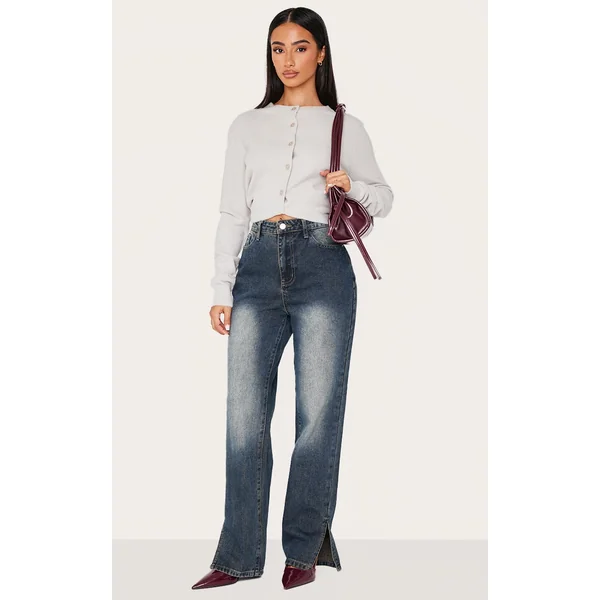 Petite Grey Used Bleach Split Hem Jeans
