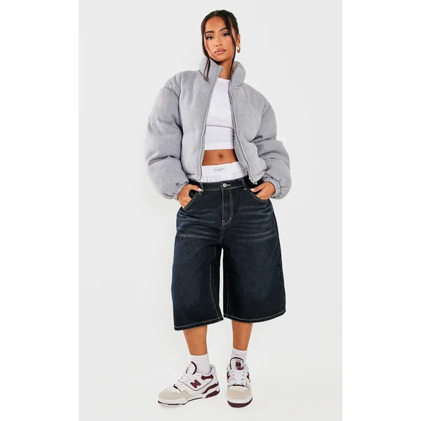 Petite Grey Wool Look Cropped Puffer Jacket