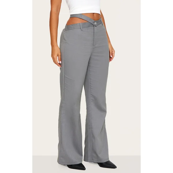Petite Grey Woven Asymmetric Straight Leg Pants