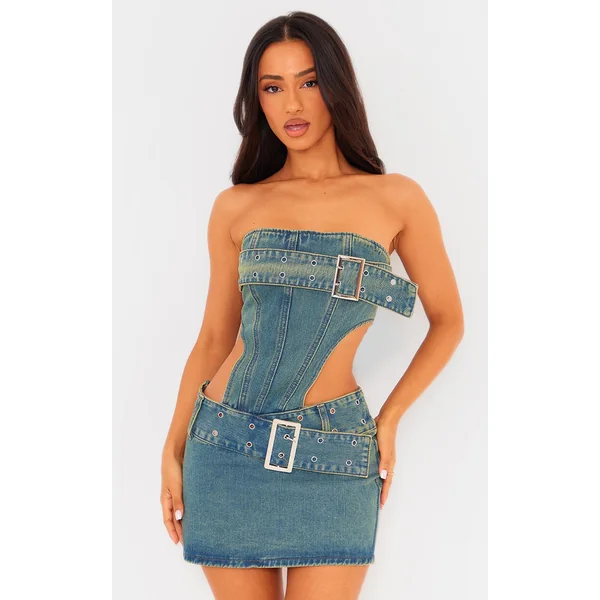 Petite Indigo Blue Wash Denim Buckle Detail Cut Out Mini Dress