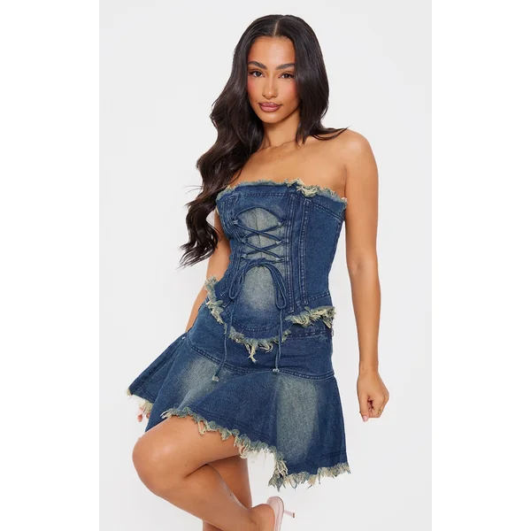 Petite Indigo Blue Wash Frayed Hem Denim Corset