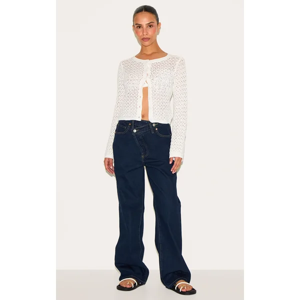 Petite Indigo Denim Asymmetric Waistband Straight Leg Jeans