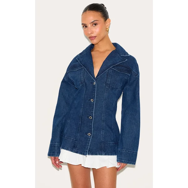 Petite Indigo Denim Fitted Mini Dress With Pleat Details