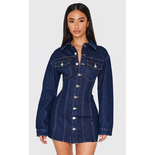 Petite Indigo Denim Long Sleeve Fitted Mini Dress
