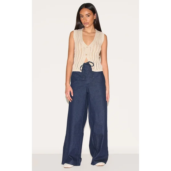 Petite Indigo Denim Relaxed Drawstring Wide Leg Jeans