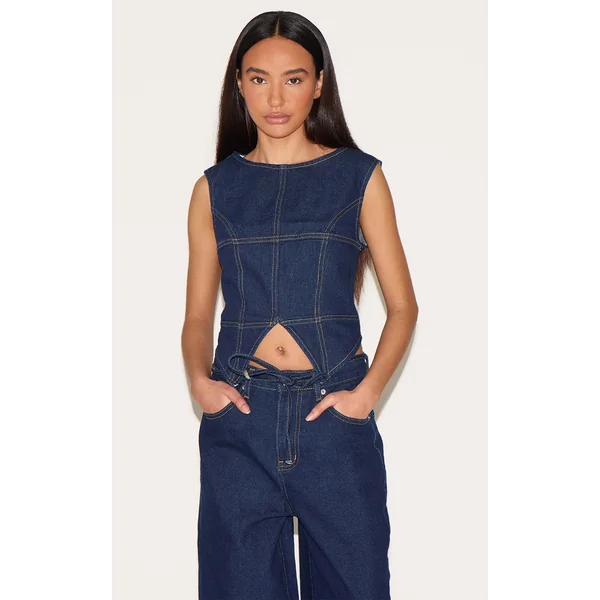 Petite Indigo Denim Seam Detail Long Top