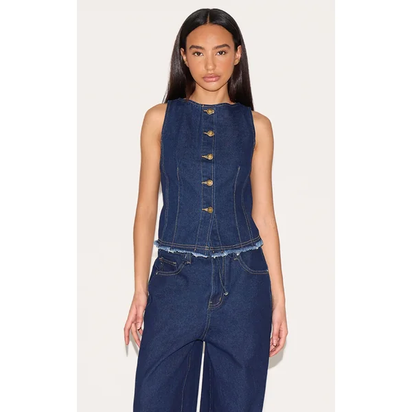 Petite Indigo Denim Sleeveless Fitted Longline Vest