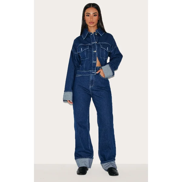 Petite Indigo Denim Turn Up Wide Leg Jeans