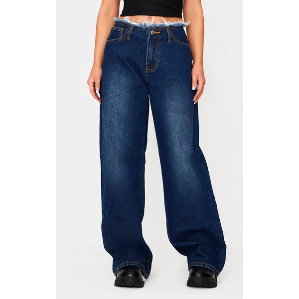 Petite Indigo Fray Waist Low Rise Straight Leg Jeans