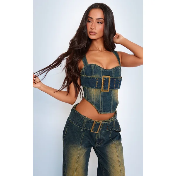 Petite Indigo Vintage Wash Denim Buckle Detail Corset Top