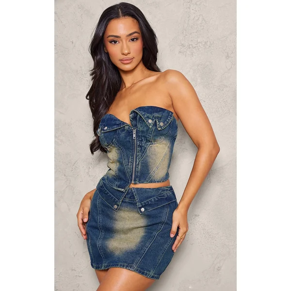 Petite Indigo Vintage Wash Denim Fold Over Zip Up Corset